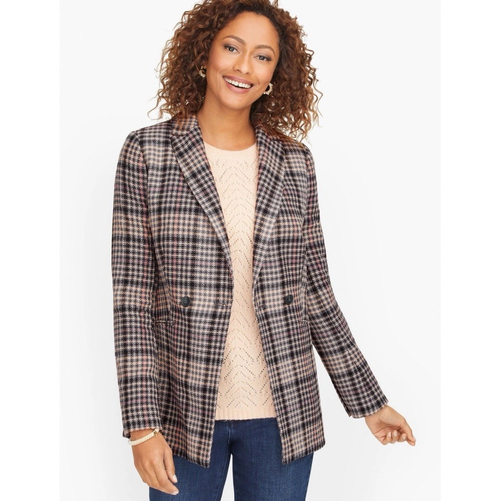 Talbots Herringbone Plaid Double Breasted Blazer Academia Career Twill Size 8